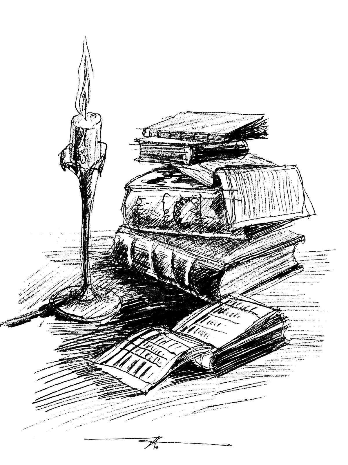 Pencil drawing of books arranged beside a burning candle