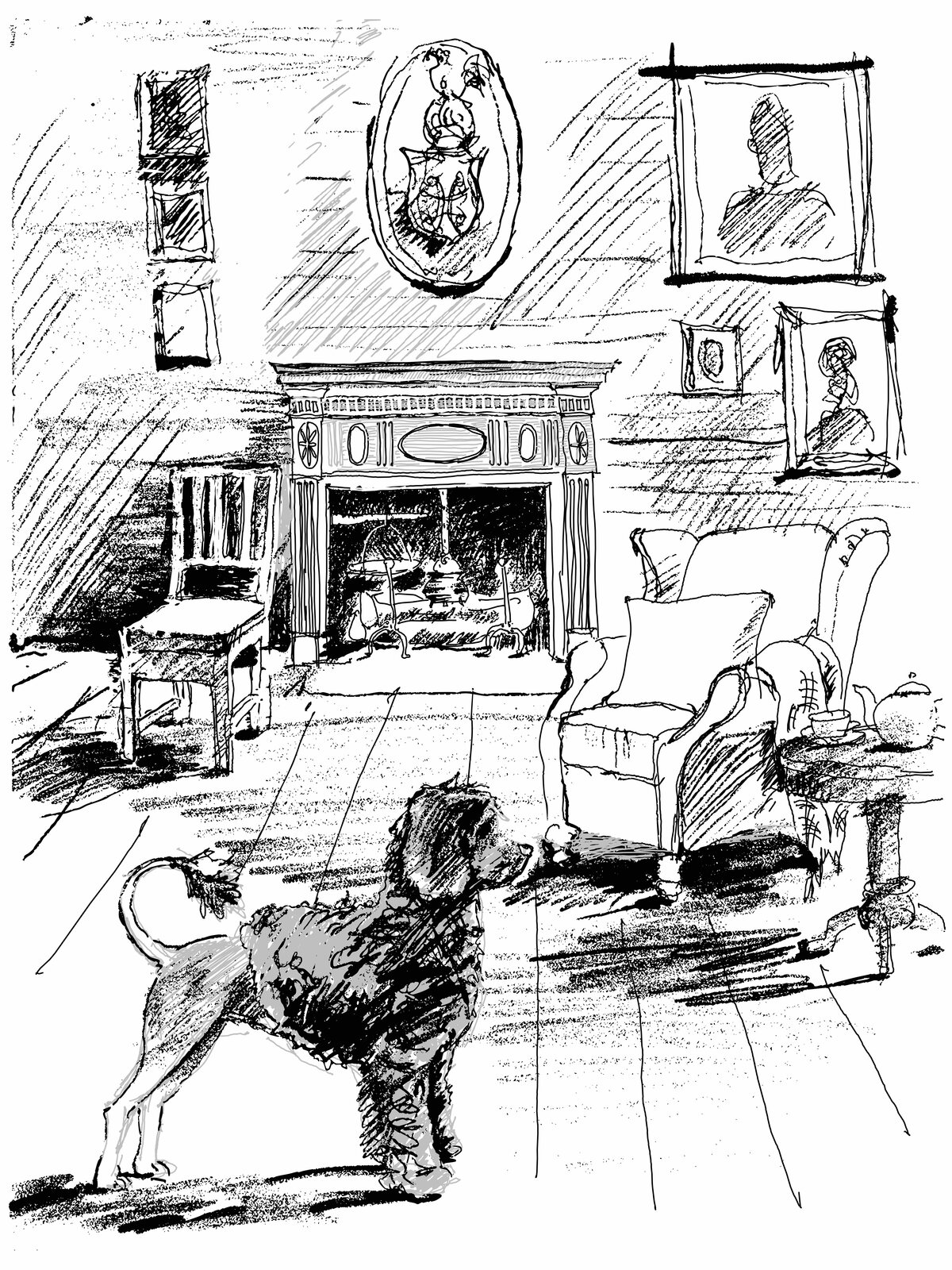 Pencil drawing of a sitting room, fireplace, and dog